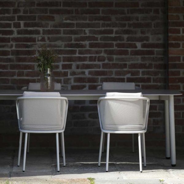 Image of white stainless steel mesh backs of Condor modern garden chairs by Todus