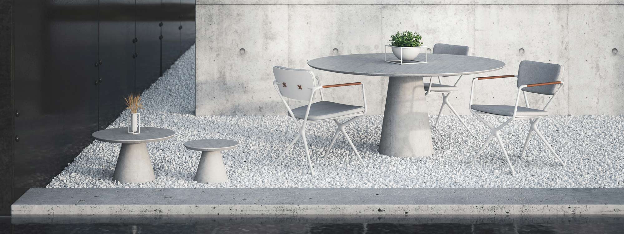 Image of circular Conix pedestal table with white Exes garden chair by Royal Botania