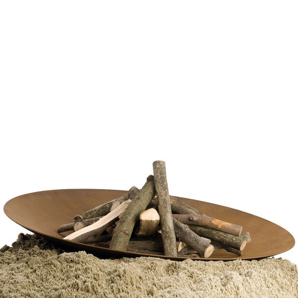 Studio image of AK47 Discolo large fire disc stacked with logs, sat in sand