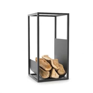 Studio image of Cube log holder with linear design in black steel by Conmoto