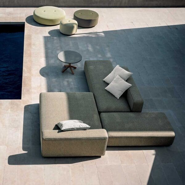 Image of birdseye view of Dandy outside sofa with Double garden poufs and Root modern teak side table