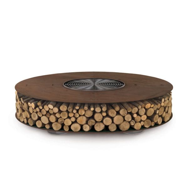 Studio image of AK47 Zero circular fire pit loaded with firewood, with BBQ grill fitted in the centre of the fire pit