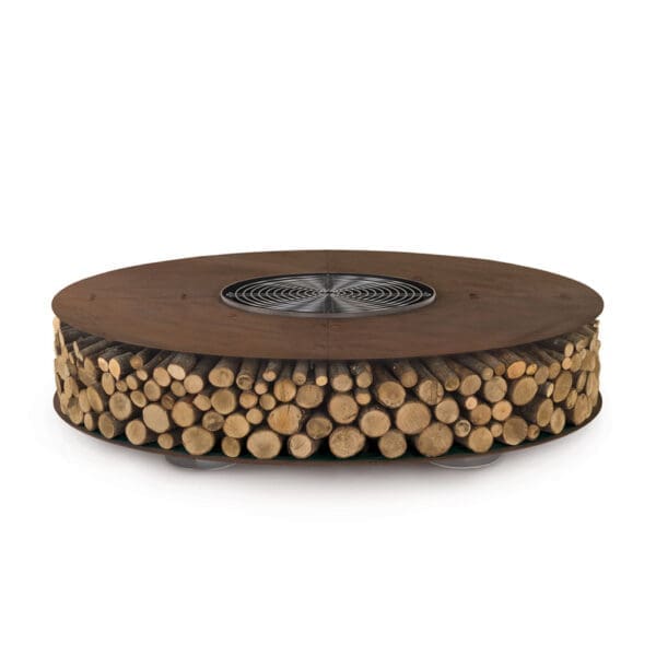 Studio image of AK47 Zero circular fire pit loaded with firewood, with BBQ grill fitted in the centre of the fire pit