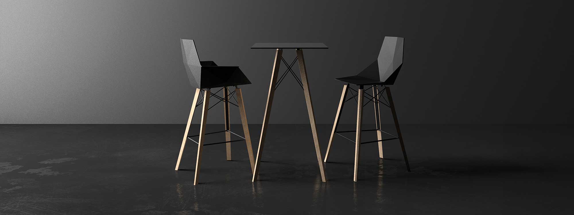Image of black Faz Wood modern bar table and stools with beech legs by Vondom, Spain