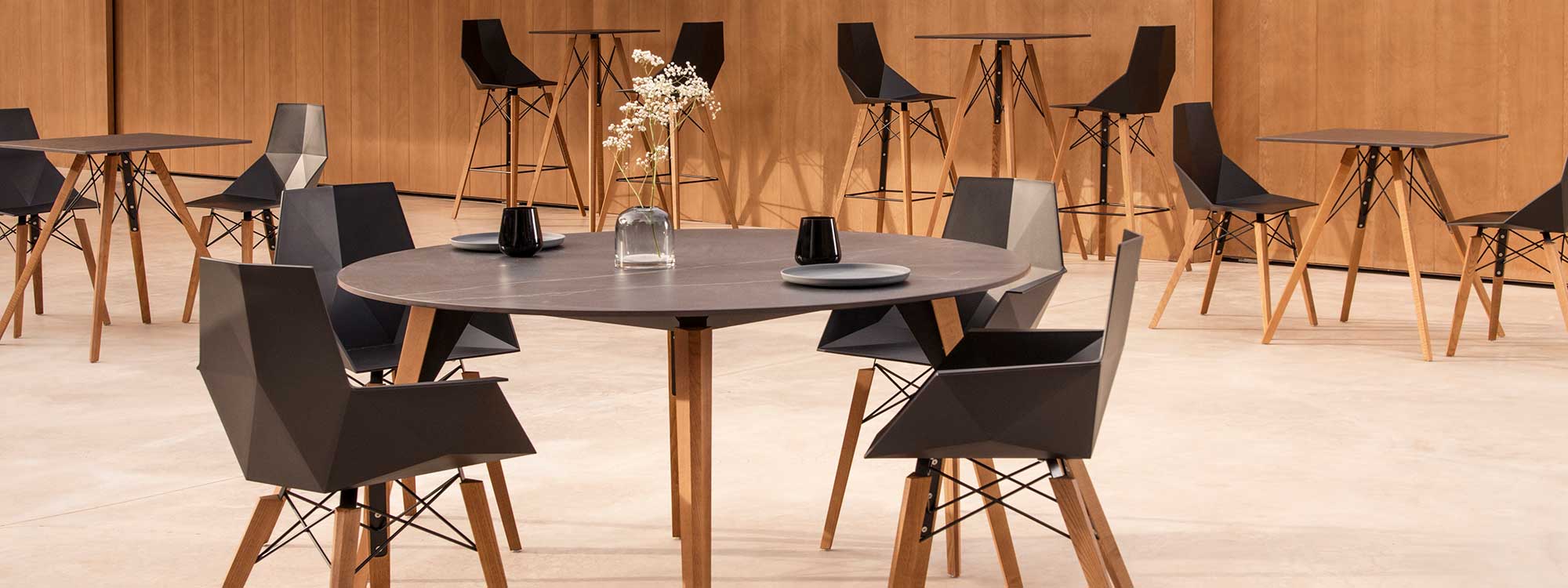 Image of Vondom Faz Wood modern bar tables and chairs, with Faz Wood contract dining furniture in the foreground