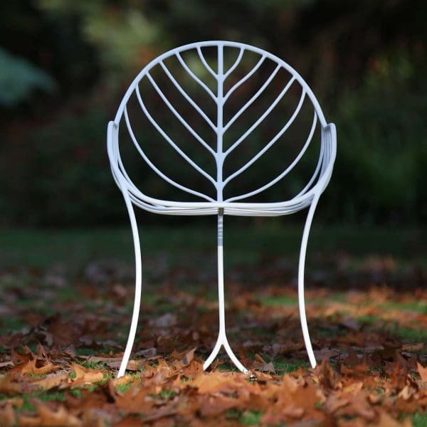 Image of front view of white Folia chair by Royal Botania, which has its design inspired by the veins of a leaf.