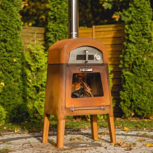 Image of M-Classic corten steel pizza oven with iroko legs