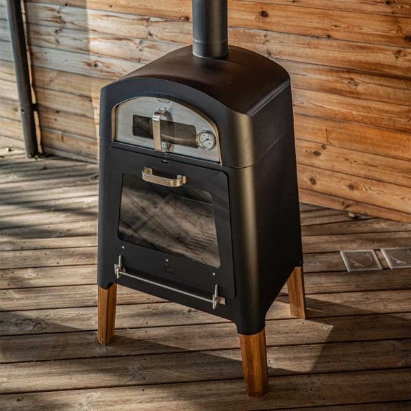 Image of M-Classic modern garden pizza oven in black lacquered stainless steel with iroko legs