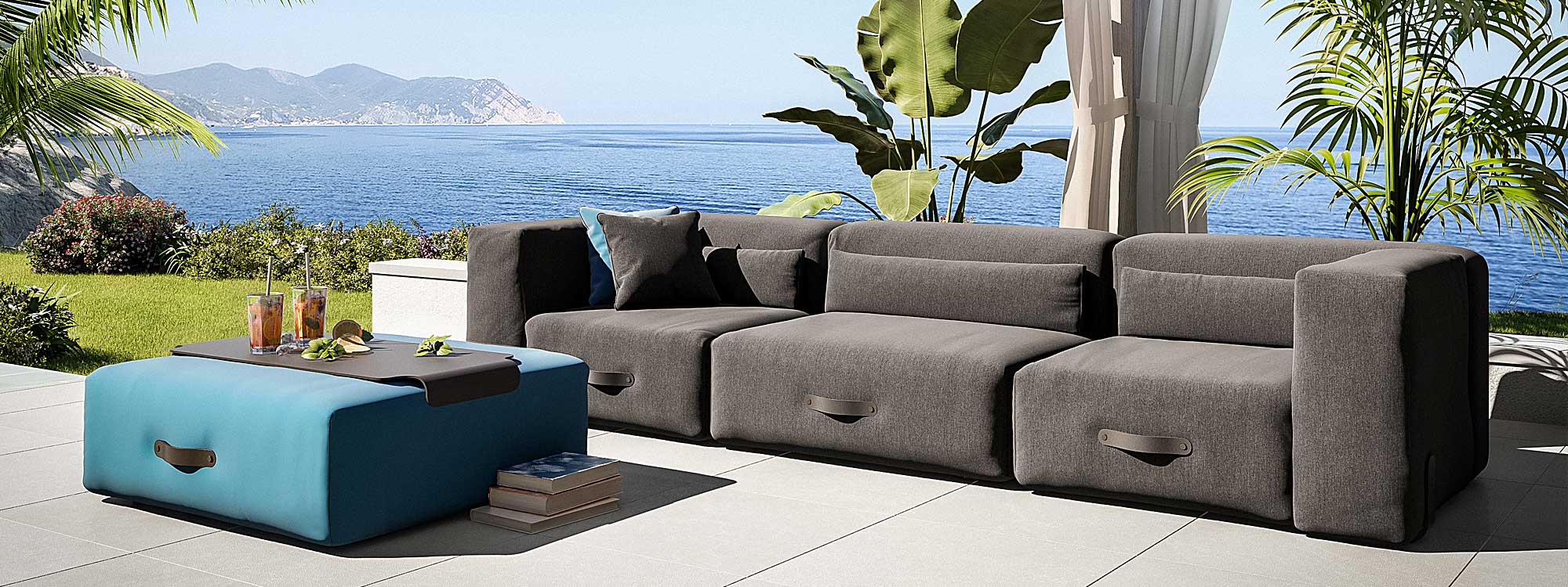 Image of anthracite Grey Miami outdoor sofa with inviting sea in background