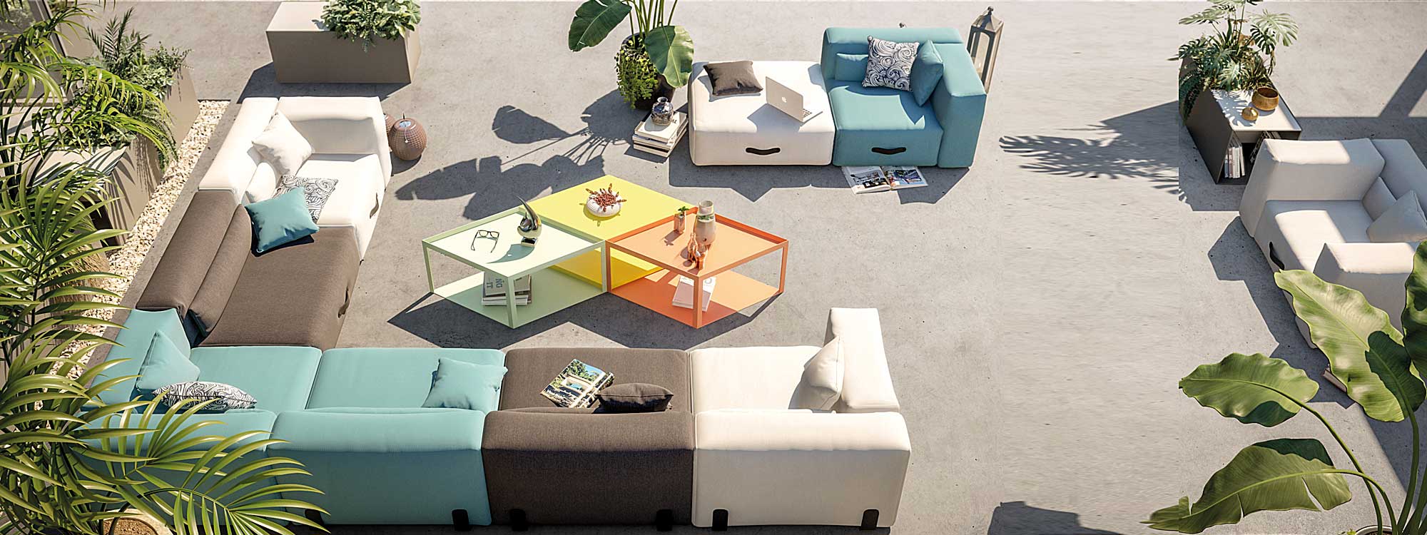 Image of birdseye view of Miami modular outdoor sofa and Karo modular low tables