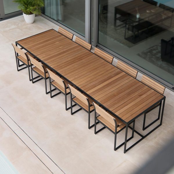 Image of aerial view of Garden Bistro large rectangular dining table and chairs in anthracite stainless steel and teak by Roshults