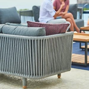 Image of detail of woven grey Soft Rope back of Moments outdoor sofa by Caneline