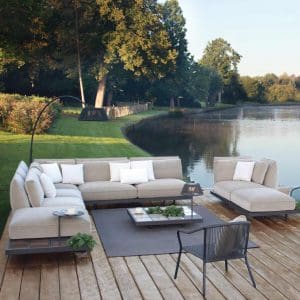 Lakeside installation of Royal Botania Mozaix Alu modern garden sofa and Samba easy chair