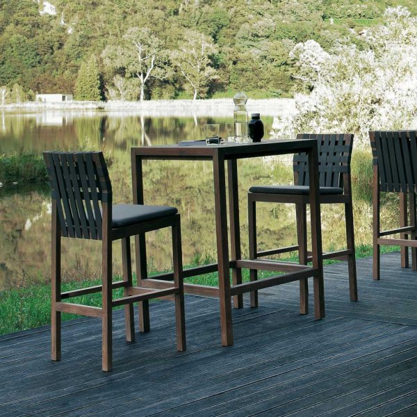 Image of RODA Network teak bar stool and webbed seat and back together with Plaza high bar tables