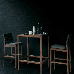 Image of pair of RODA Network modern teal bar chairs designed by Rodolfo Dordoni, together with Plaza high teak bar table