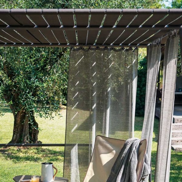 Image of detail of Ombrina pergola's grey polyester belt and smoke colored stainless steel frame by RODA