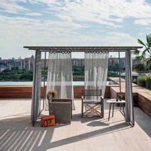 Ombrina modern pergola with Orson outdoor director chairs