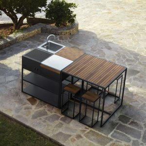 Image of aerial view of Roshults Open Kitchen bbq and Open Bistro bbq furniture on shaded terrace