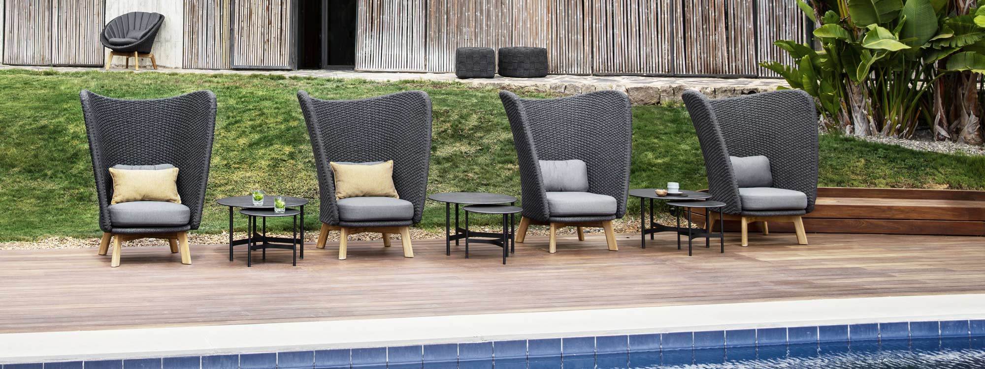 Image of row of 4 Peacock Wing high backed lounge chairs and Twist low tables alongside poolside, by Caneline