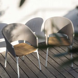 Image of pair of RODA Piper Comfort tub garden chairs with white tubular frames, teak seat and Sand-colored Batyline mesh back