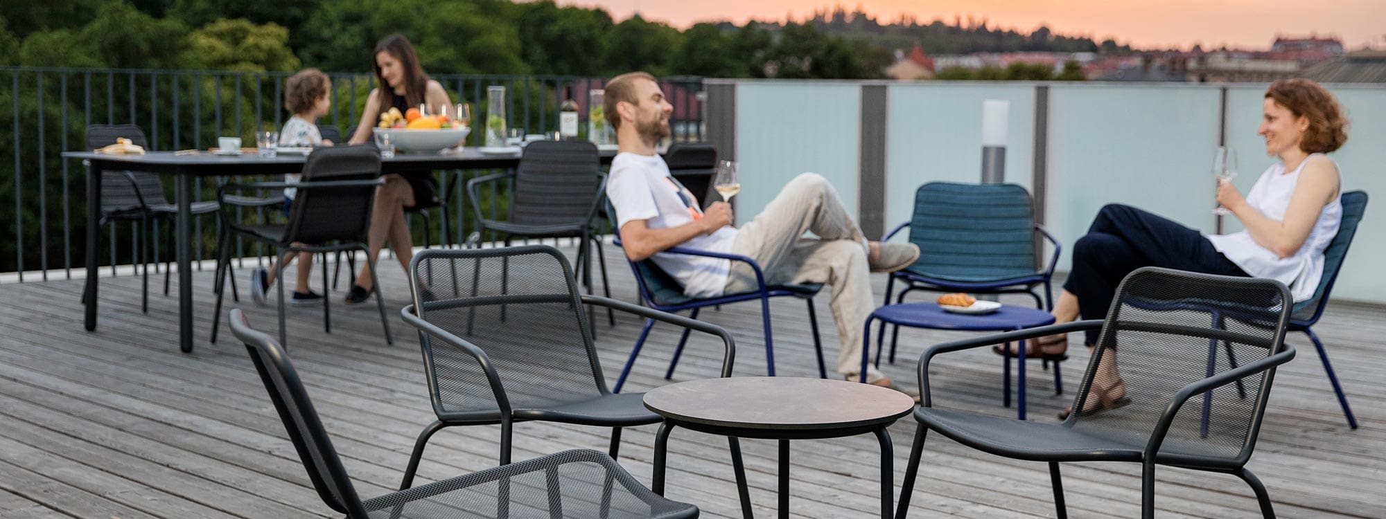 Dusk shot of Starling modern garden furniture on rooftop terrace