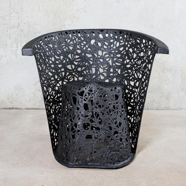 Image of front of black Race garden chair in hand applied basalt fibre by Unknown Nordic outdoor furniture