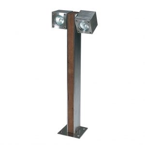 Studio image of Royal Botania Q-BIC adjustable post light with 2 spots, in EP stainless steel and teak