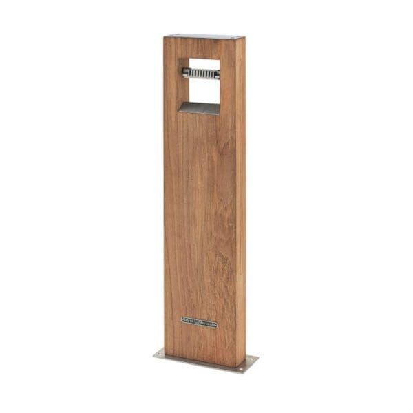 Studio image of Royal Botania Log modern outdoor post light in teak and stainless steel