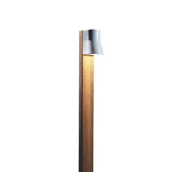 Studio image of Royal Botania modern garden bollard down light in teak and white porcelain light housing