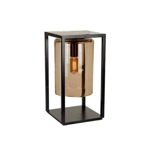 Studio image of Royal Botania Dome Gate modern garden lantern with amber hand-blown glass light shade