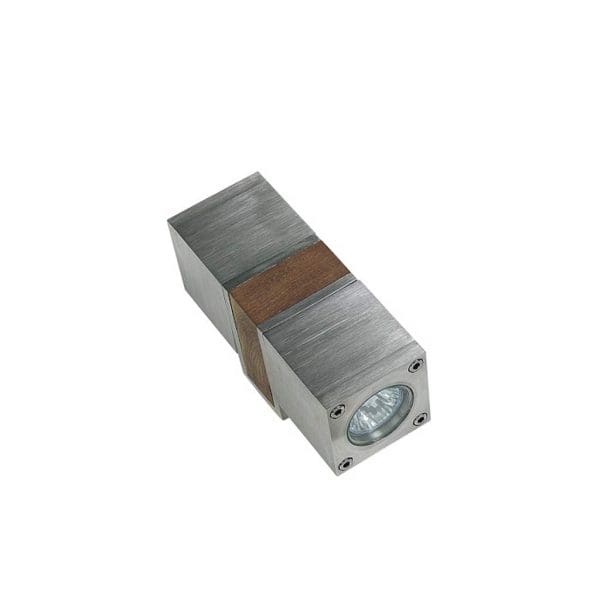 Studio image of Royal Botania Q-BIC modern outdoor up-down light in EP stainless steel and teak