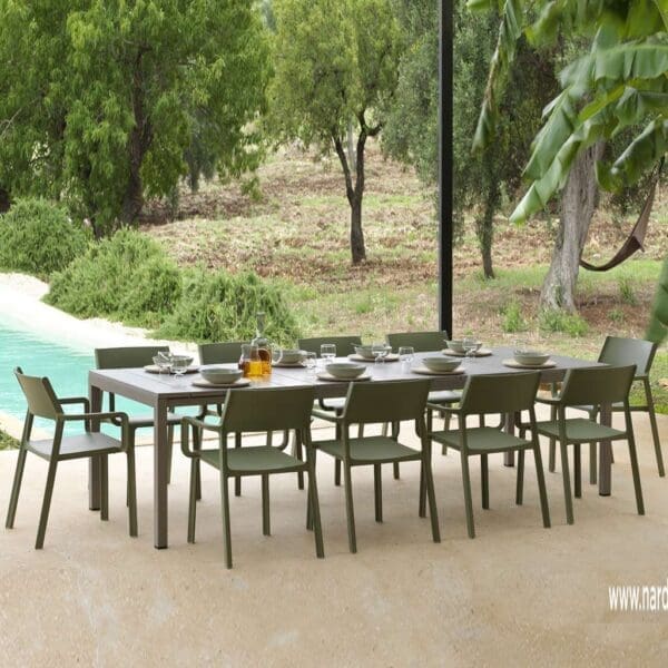 Image of Trill green coloured garden chairs and Rio taupe coloured garden table on poolside terrace, with scorched lawn and trees in the background