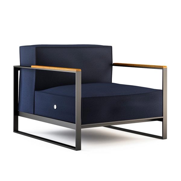 Studio image of Moore modern garden lounge chair with teak armrests and Navy Blue cushions by Roshults