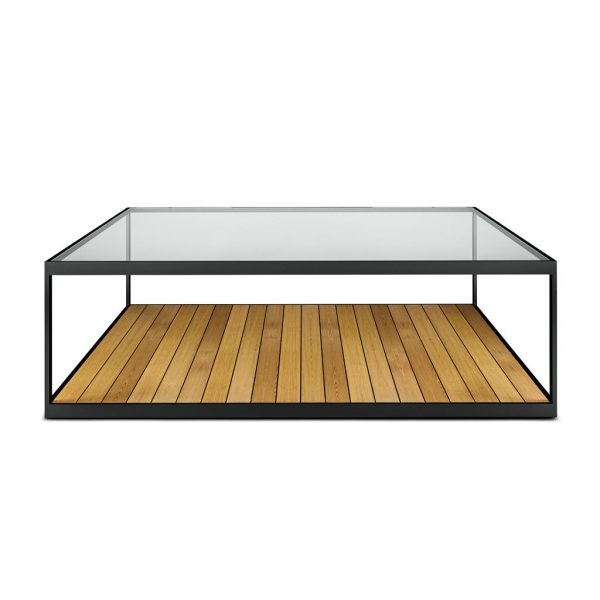 Image of Moore outdoor coffee table with teak bottom shelf and toughened glass top shelf