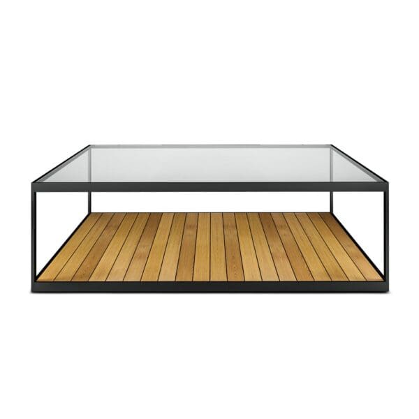 Image of Moore outdoor coffee table with teak bottom shelf and toughened glass top shelf