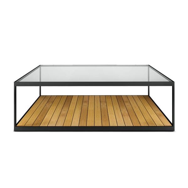 Image of Moore outdoor coffee table with teak bottom shelf and toughened glass top shelf