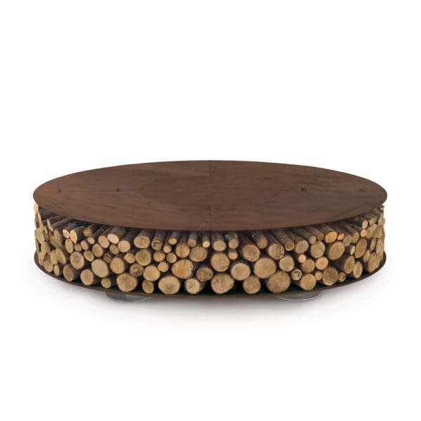 Studio image of Zero corten fire pit with lid fitted over combustion chamber, by AK47 Design