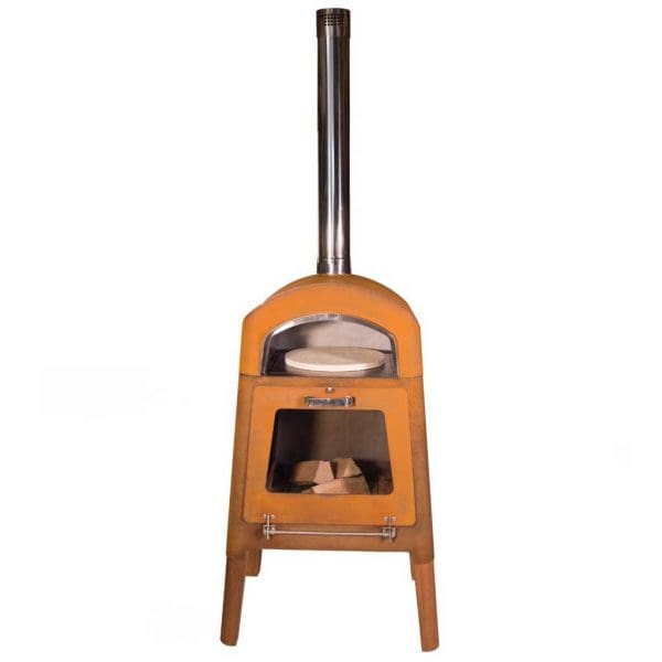 Studio image of Masuria M-Classic wood-fired pizza oven in oxidised corten steel