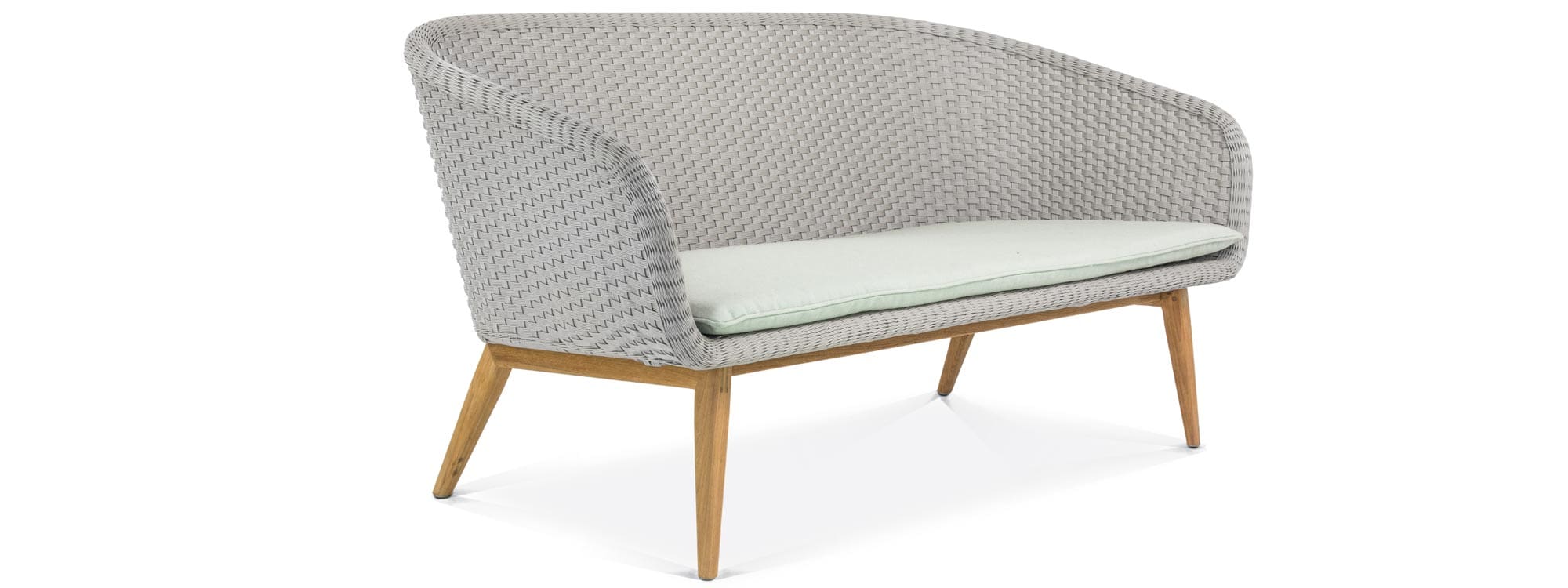 Image of Shell modern2 seat garden sofa with taupe Bayline hand-woven seat and back, teak legs and slim Sunbrella seat cushion