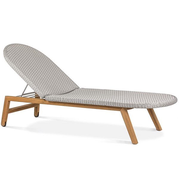 Studio image of Shell modern teak sun lounger with taupe-coloured Batyline synthetic weave
