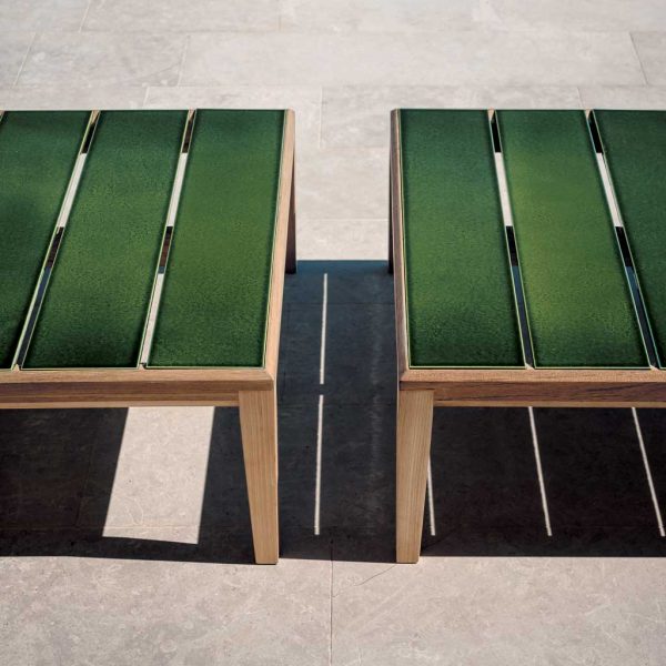 Image of detail of 2 RODA Teka teak low tables with Forest Green glazed Gres ceramic table tops