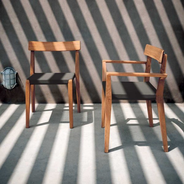 Image in striped sun and shade of Teka modern teak chairs with brown all-weather mesh seats by Rodaonline