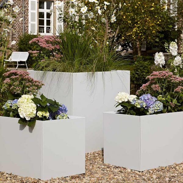 Image of 3 Thallo geometric outdoor planters by Flora, planted with Hydrangeas and grasses