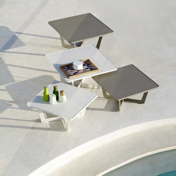 Image of birds eye view of different sizes of Time Out aluminium low tables by Caneline garden furniture