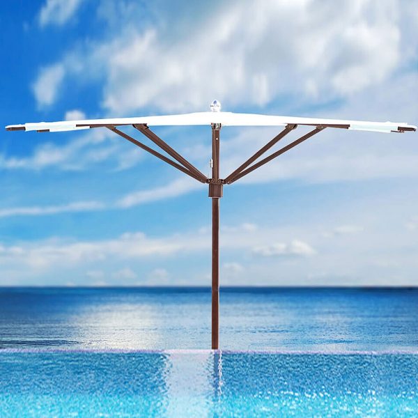 Image of Tuuci Ocean Master Max Zero Horizon mast parasol with Aluma-Teak mast and ribs and white canopy, with azure sea and sky in background