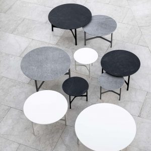 Image of configuration of Twist round coffee tables in different sizes and colour finishes by Caneline