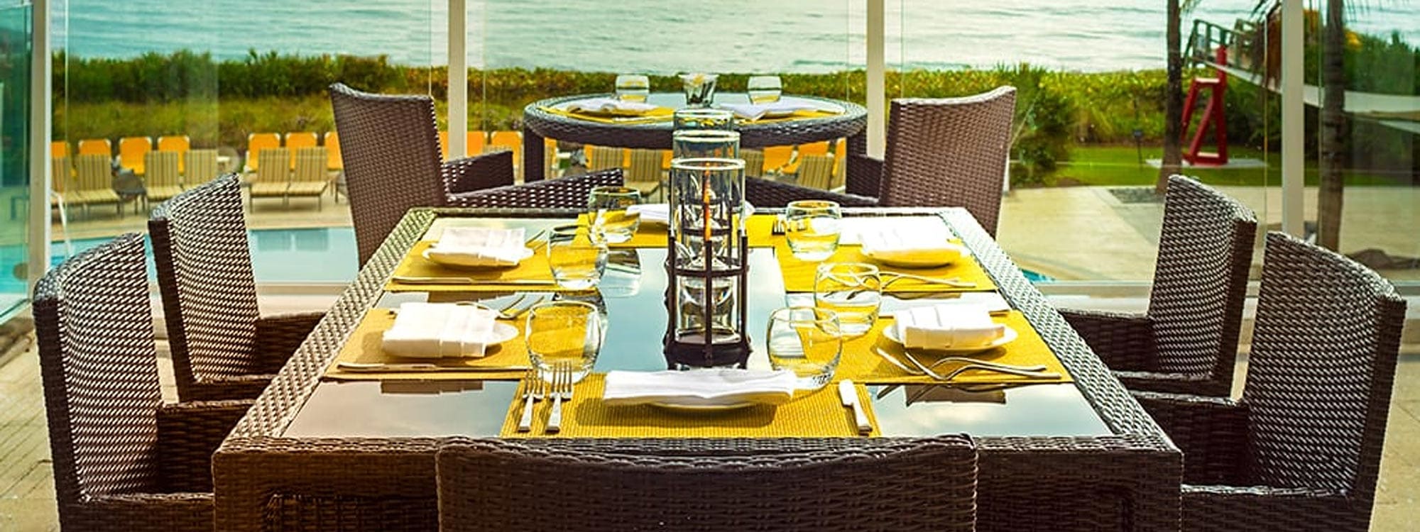 Image of exterior hospitality furniture from Encompass shown at Boca Beach Club, Florida