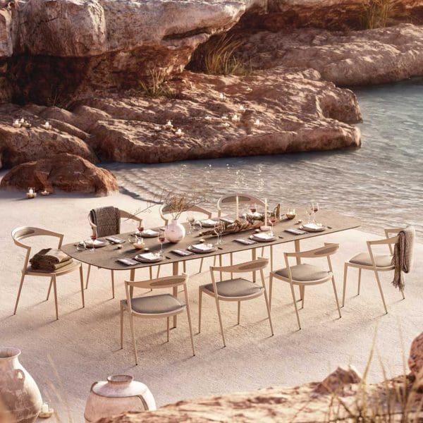 Styletto luxury garden table and elegant garden chair by Royal Botania on beach