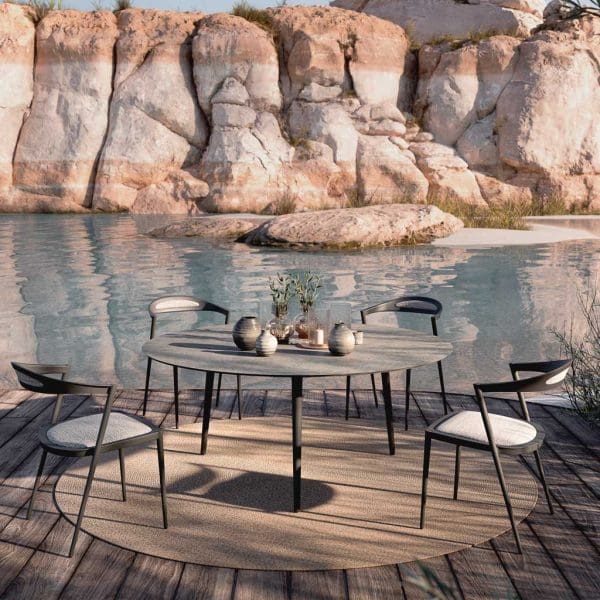 Styletto garden dining set includes an elegant garden chair & modernist outdoor table with refined outdoor furniture design by Royal Botania.