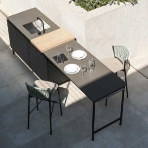 Image of aerial view of RODA Norma outdoor sink unit and work surfaces, together with bar counter and Piper bar stools